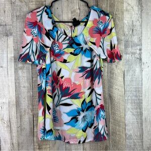 WORTHINGTON Petite XL Floral Blouse w/Flyaway w/Back Button Keyhole Shor…